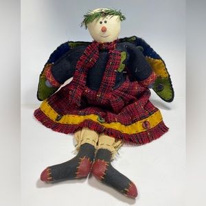 Folk Art Primitive Holiday Christmas Angel crazy quilted wings buttons Plaid